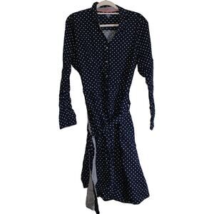 IZOD Navy Blue 100% Cotton Long Sleeve Polka Dot Button Down Dress Size XL